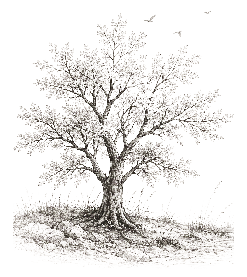 A solitary tree on rocky ground with birds taking flight