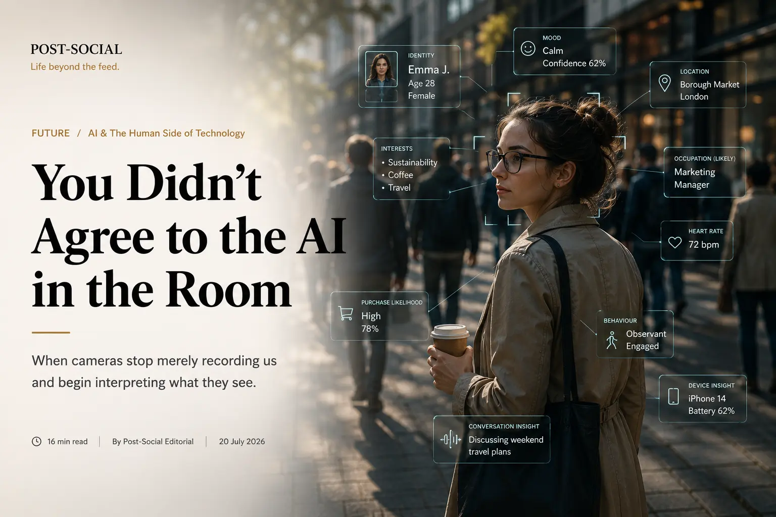 A woman in a public place surrounded by inferred AI data labels