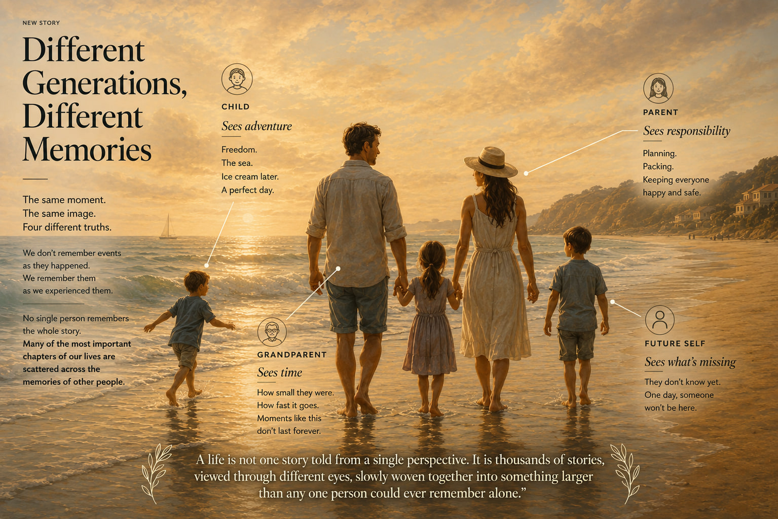 A family walking together on a beach at sunset, each generation carrying a different perspective of the same moment