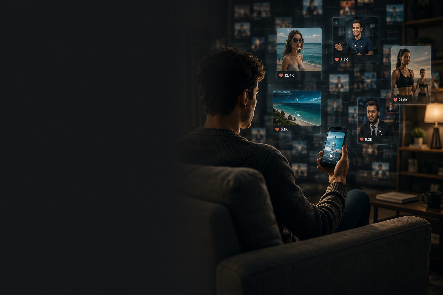 A person watching a stream of apparently human social-media creators