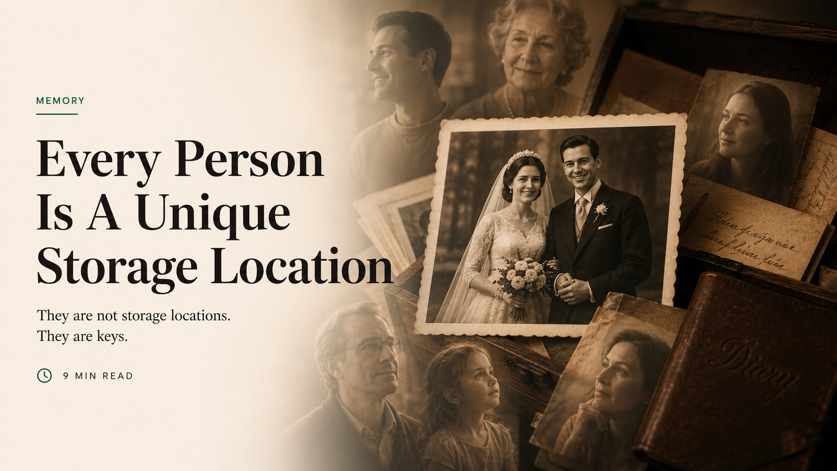 A vintage wedding photograph surrounded by different generations and family keepsakes
