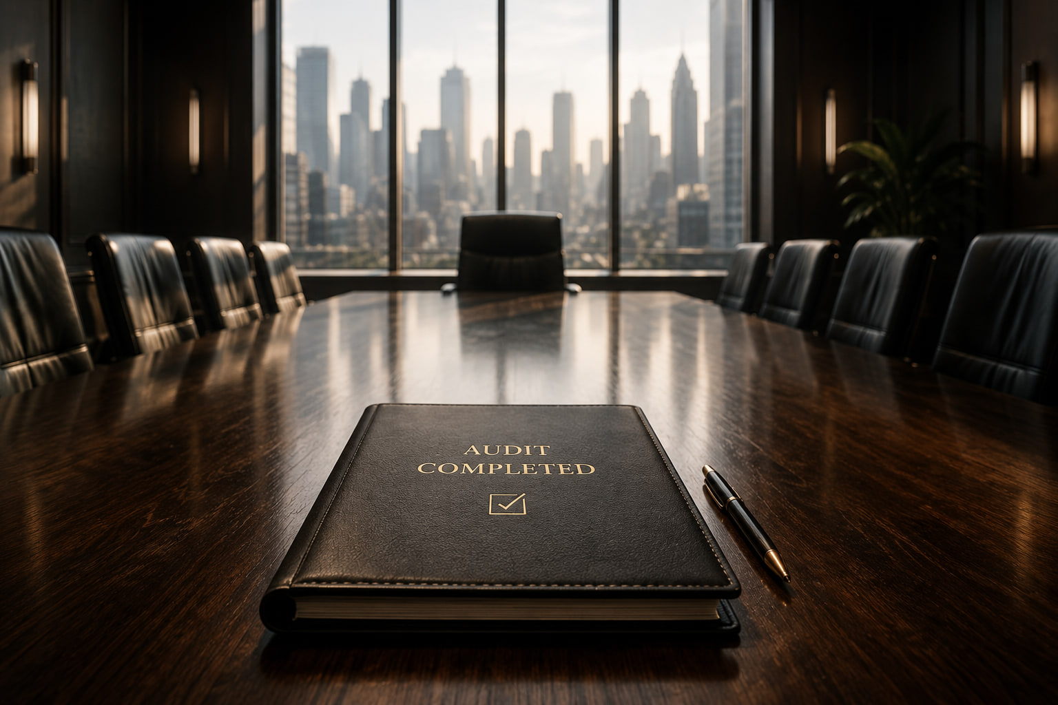 An executive boardroom with an Audit Completed folder on the table