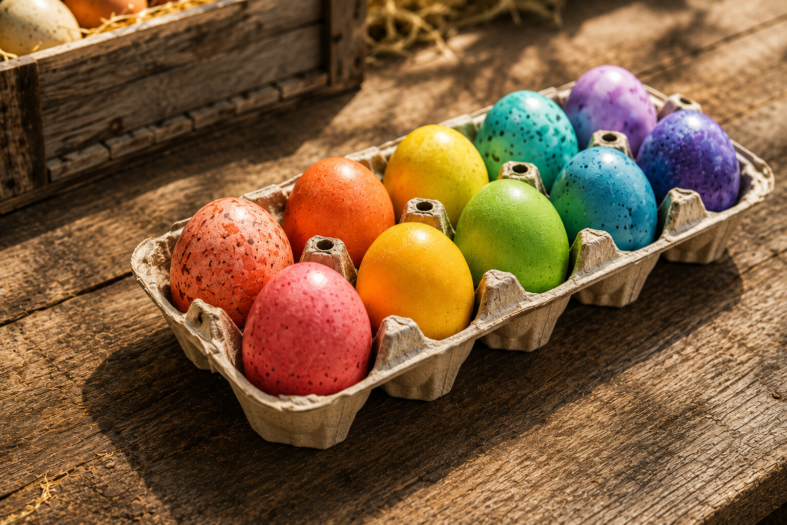 A box of eggs painted in all the colours of the rainbow