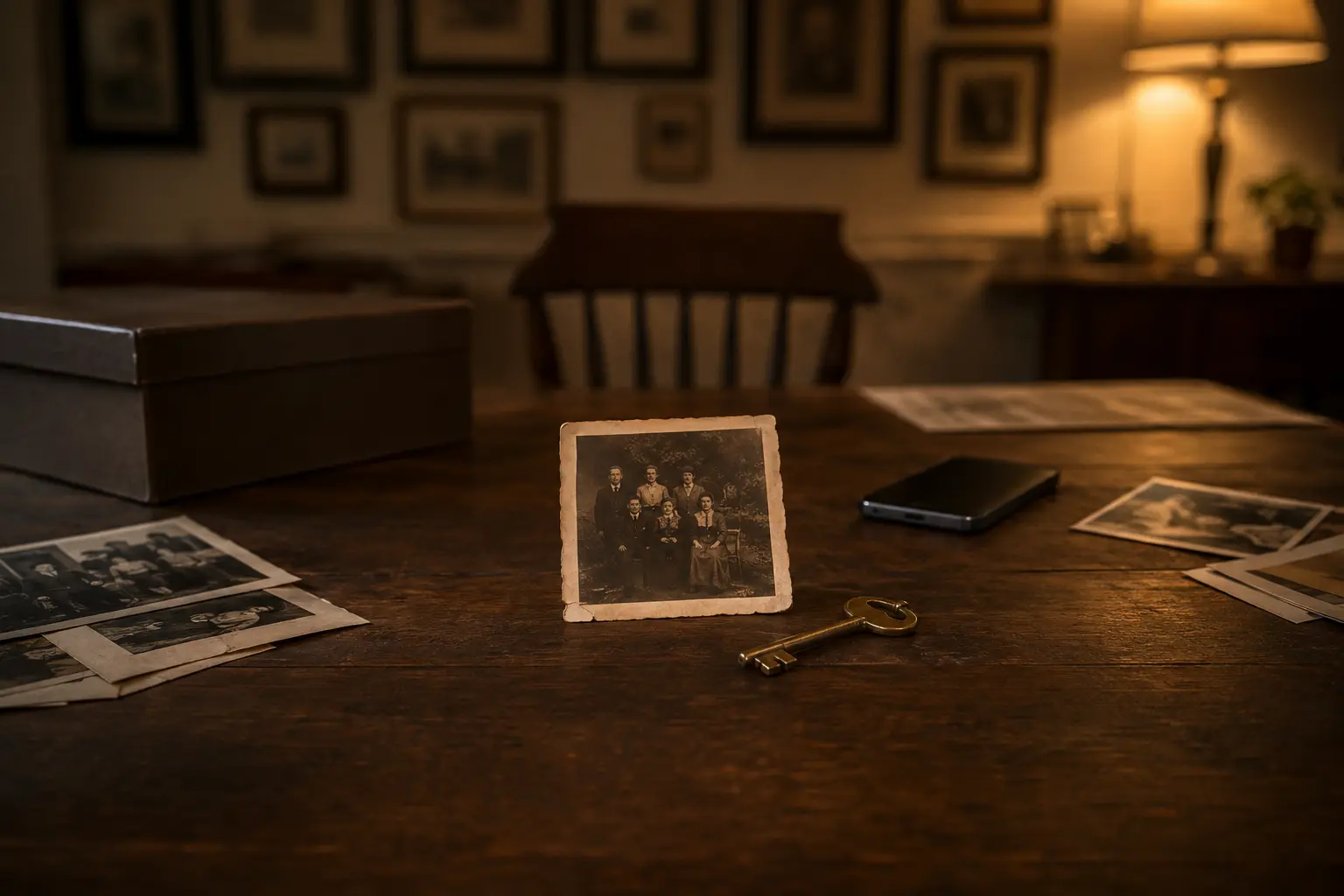 An old family photograph beside a brass key, smartphone and archive box on a wooden table