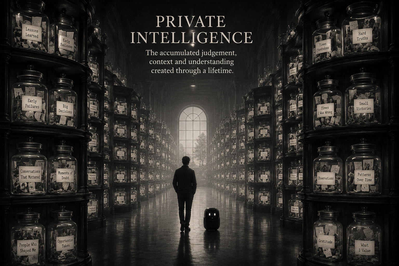 Private Intelligence editorial illustration showing labelled vessels as a metaphor for accumulated judgement and memory