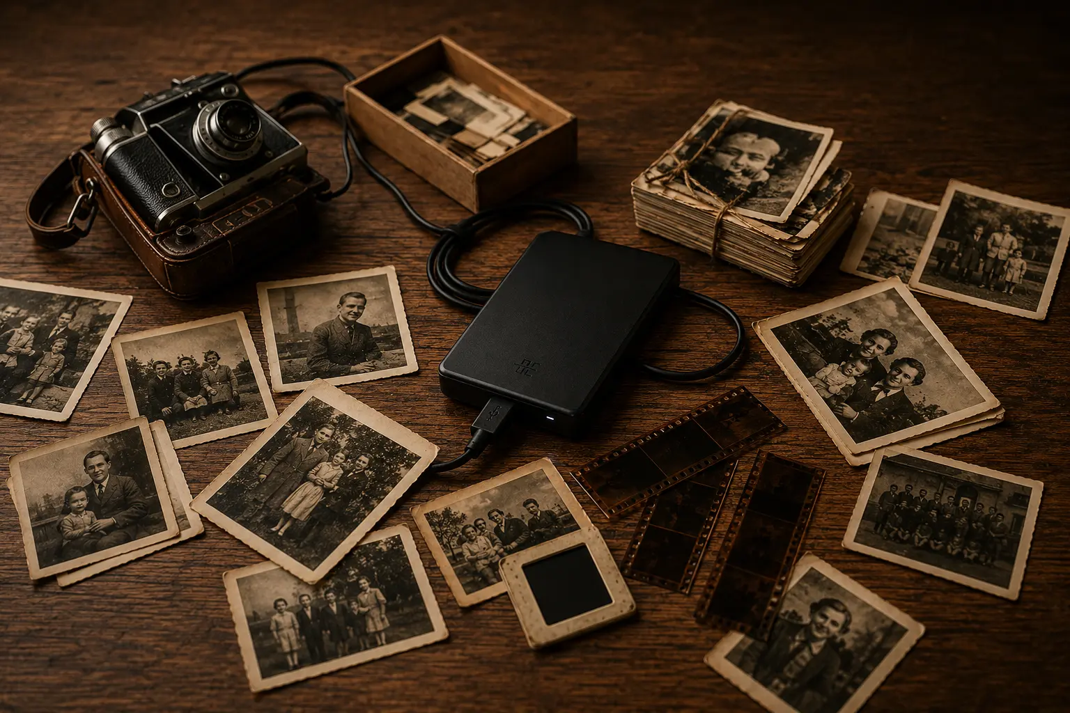 An external hard drive surrounded by family photographs, film negatives and an old camera