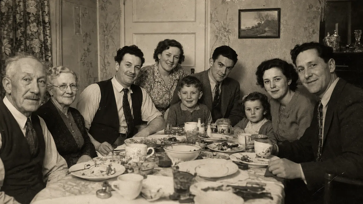 A large multigenerational family gathered around a table in an old photograph