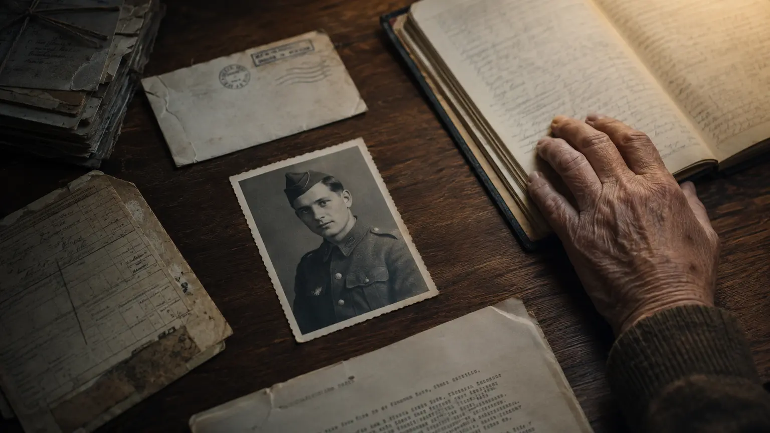 An old soldier's photograph and military records beside an older person's hand resting on a handwritten notebook
