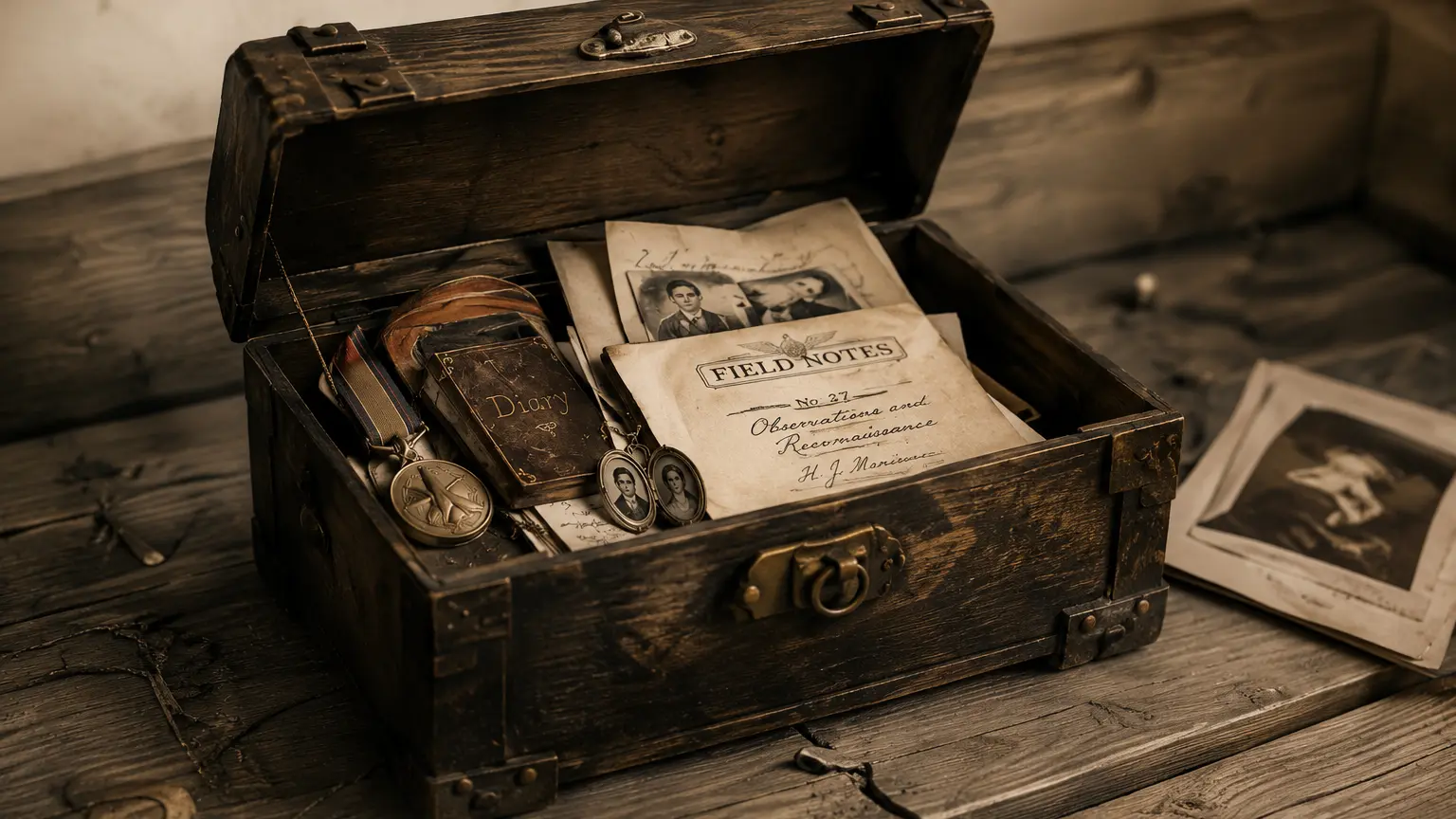 An open wooden archive chest containing photographs, a diary, a medal, a locket and handwritten records