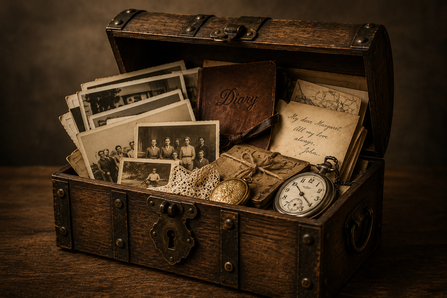 An old wooden chest containing family photographs, a diary and preserved documents