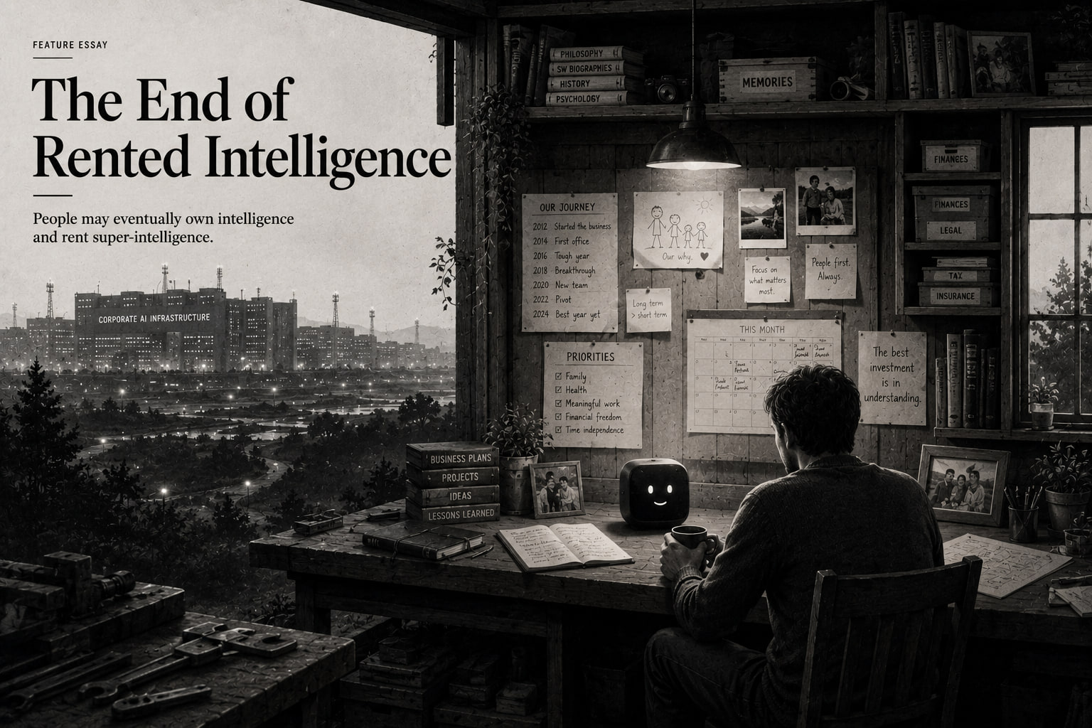The End of Rented Intelligence editorial illustration contrasting corporate AI infrastructure with personal intelligence