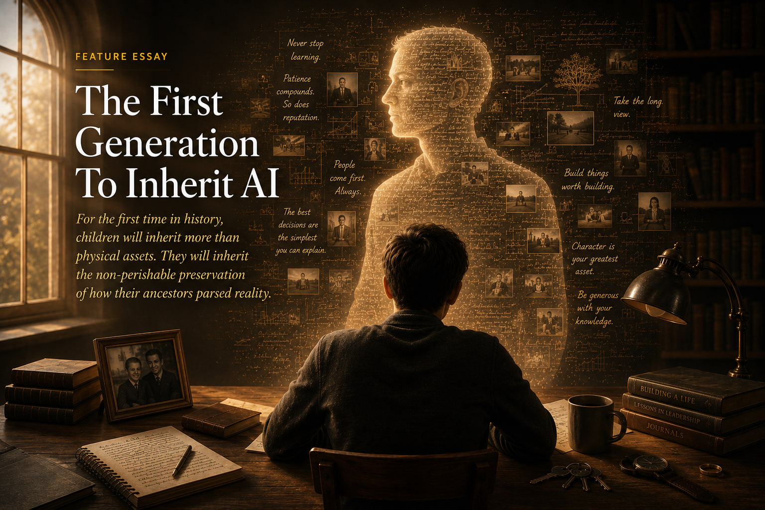 The First Generation To Inherit AI editorial illustration showing a young person consulting an inherited archive of accumulated understanding