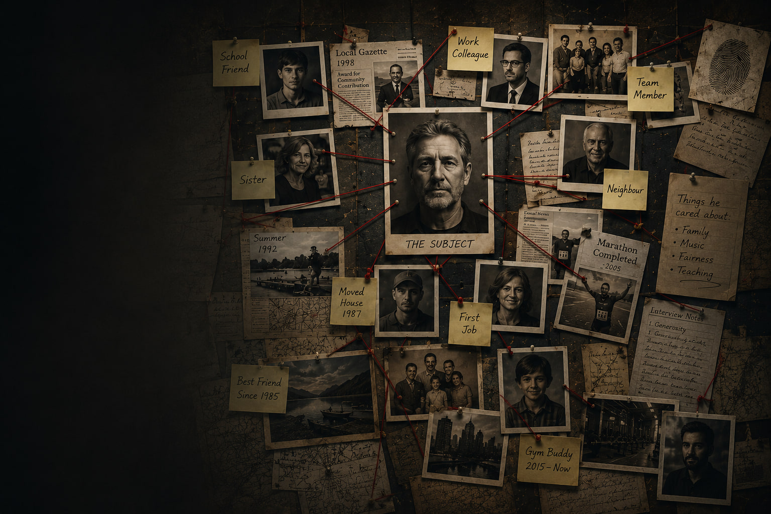 A pinboard showing a central subject connected by string to family, friends and milestones