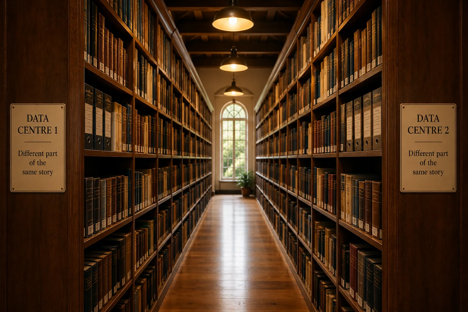 A warm historic library aisle divided into two data centres, each holding a different part of the same story