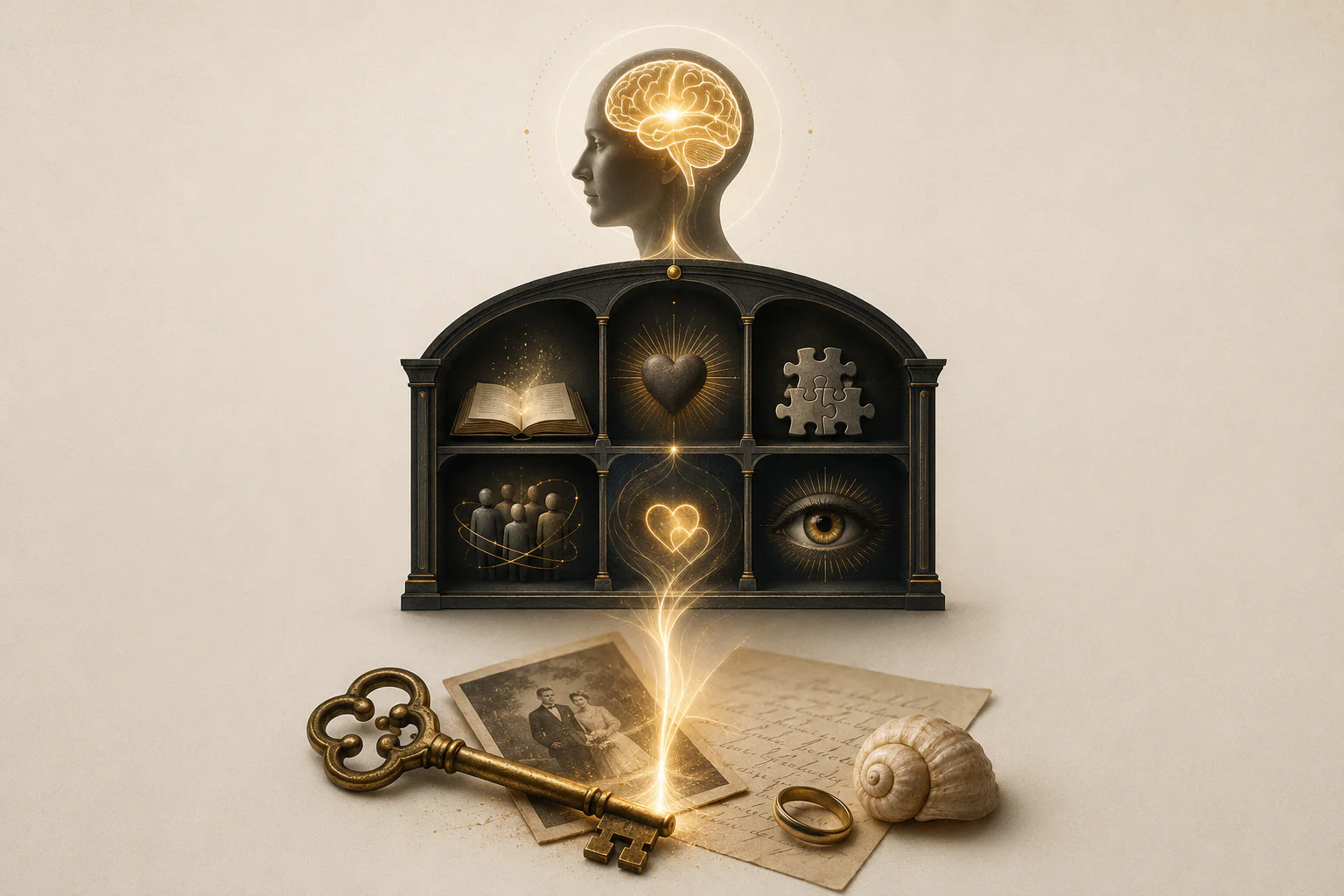 An antique key and keepsakes leading to a glowing human mind above a cabinet of stories, meaning, context, relationships, feelings and perspective