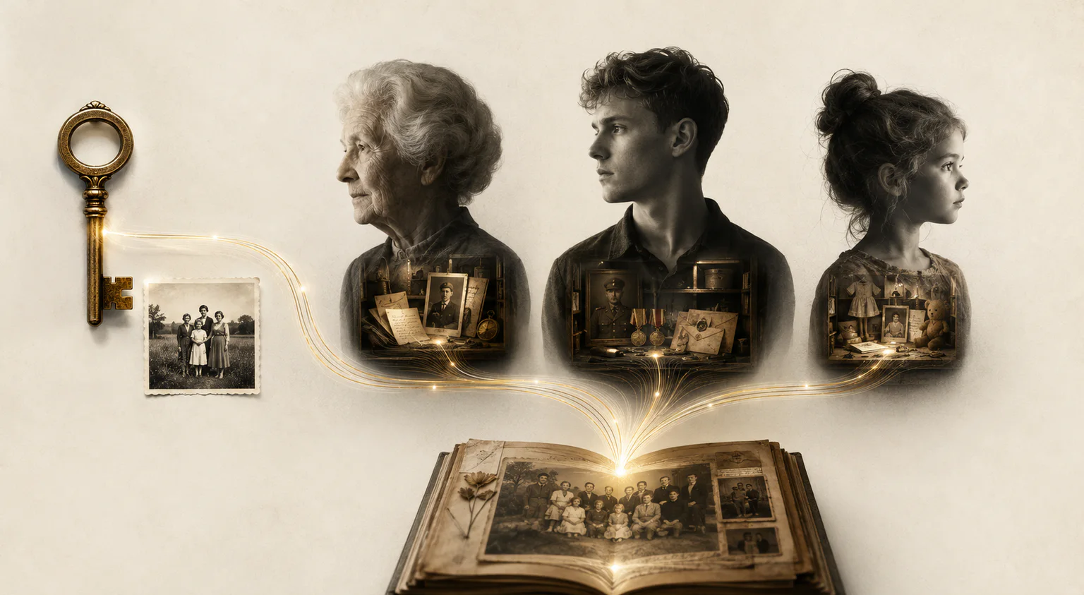 One antique key opening three human data centres across generations, each contributing a different part to a shared family story