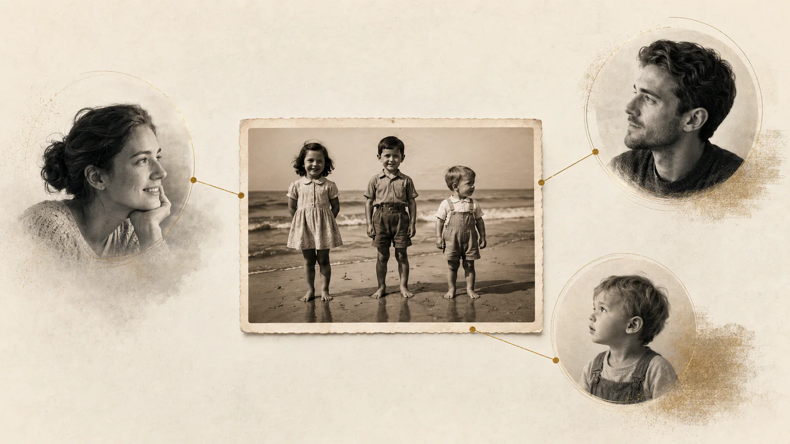 Three people viewing the same old seaside photograph through the different perspectives of a childhood friend, a sibling and a future relative