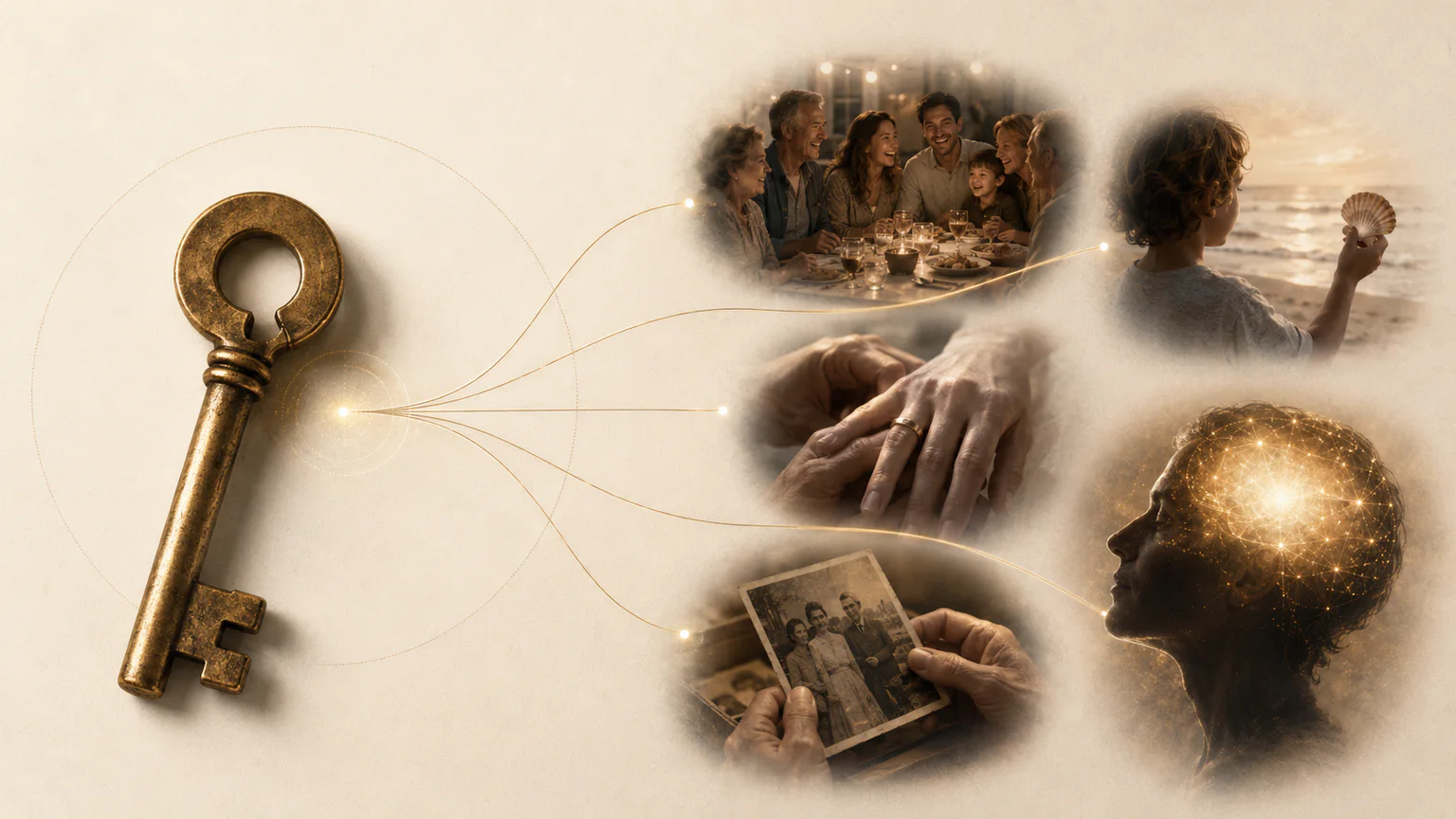 A large antique key connecting a family meal, a childhood shell, a wedding ring and an old photograph to the memories held in a human mind