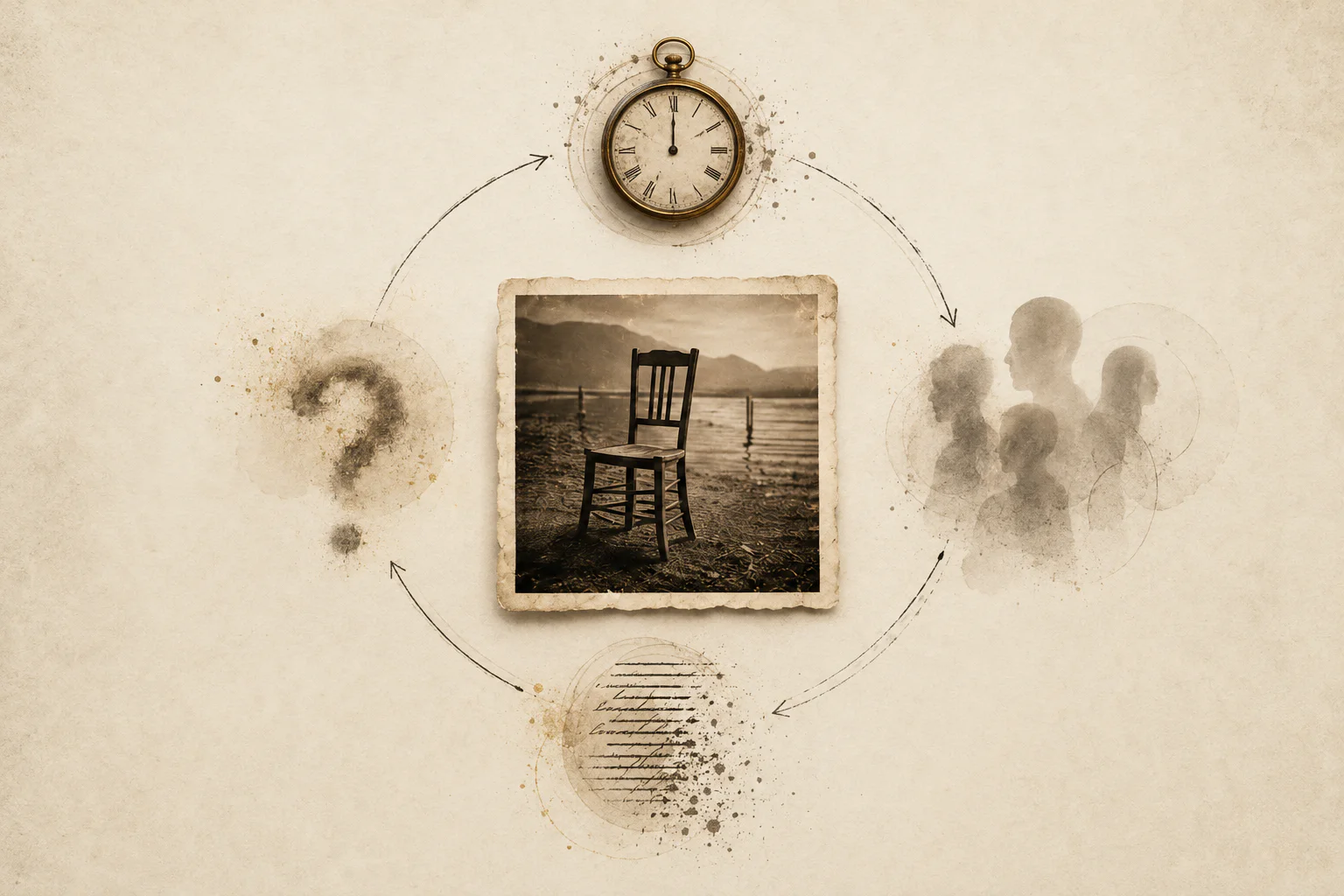 An old photograph surrounded by a clock, separating human perspectives, shortening story fragments and a fading uncertainty