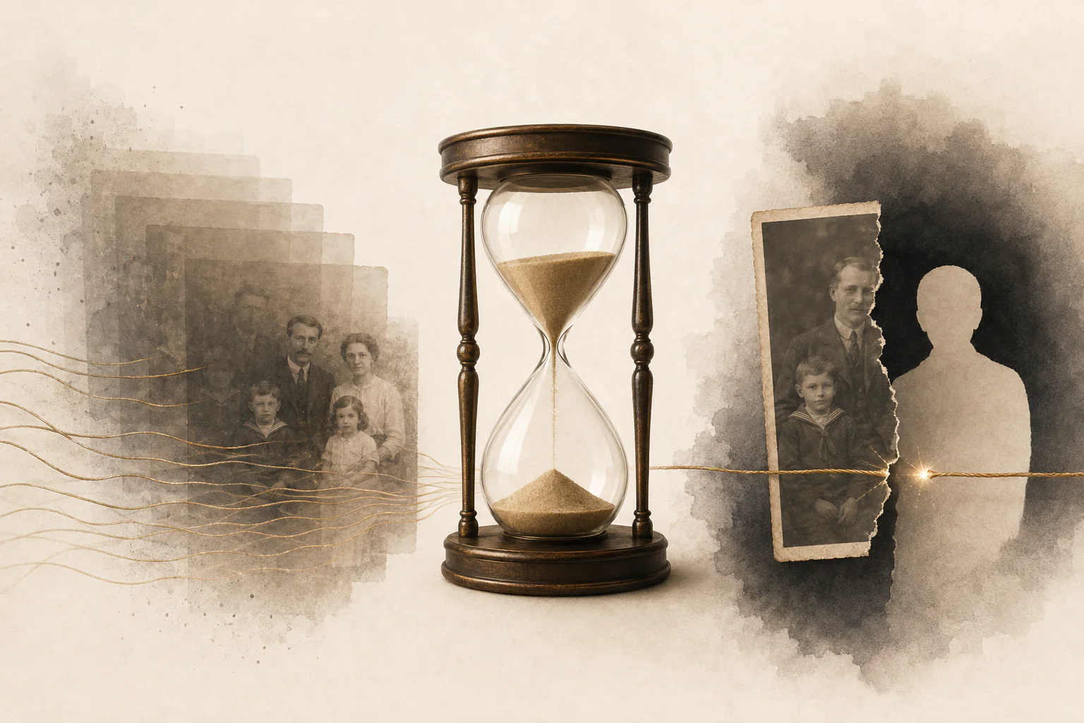 An hourglass dividing a gradually fading family photograph from a suddenly torn photograph and an empty human silhouette