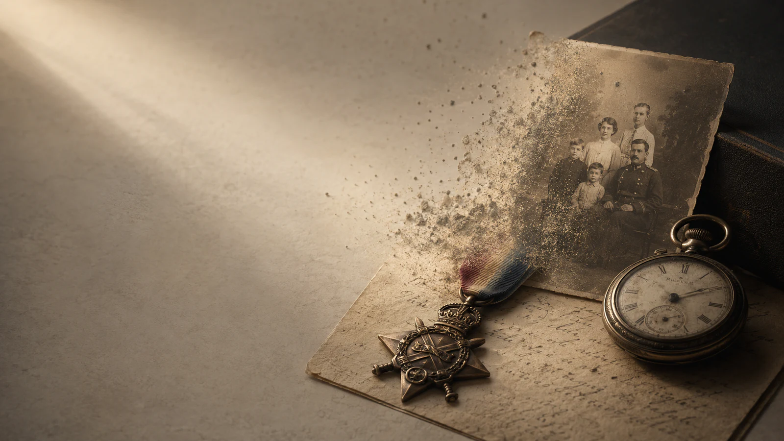 A fading family photograph, war medal, handwritten record and antique pocket watch on an archival table