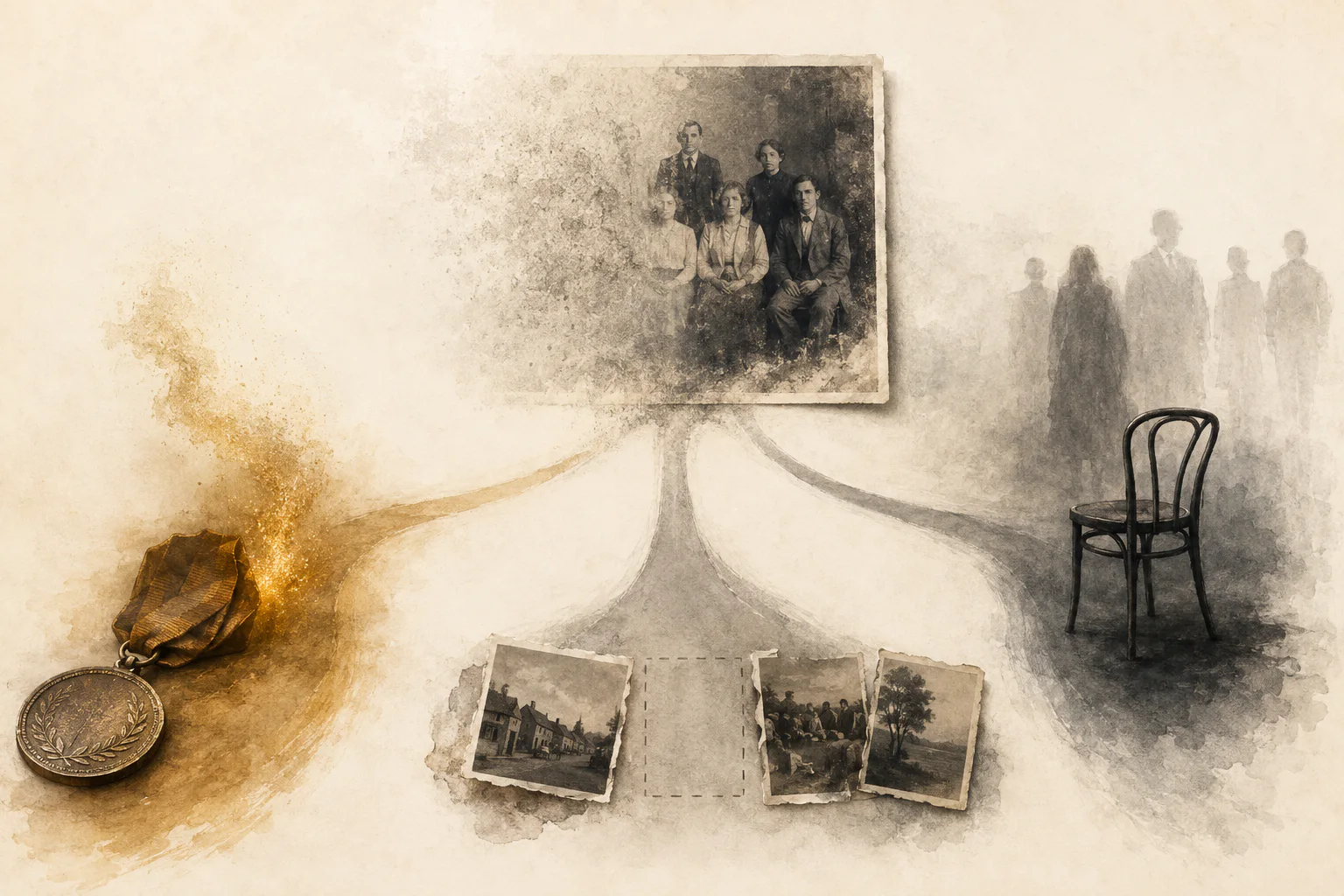A fading family photograph branching towards a dimmed medal, a broken photographic sequence and disappearing people around an empty chair
