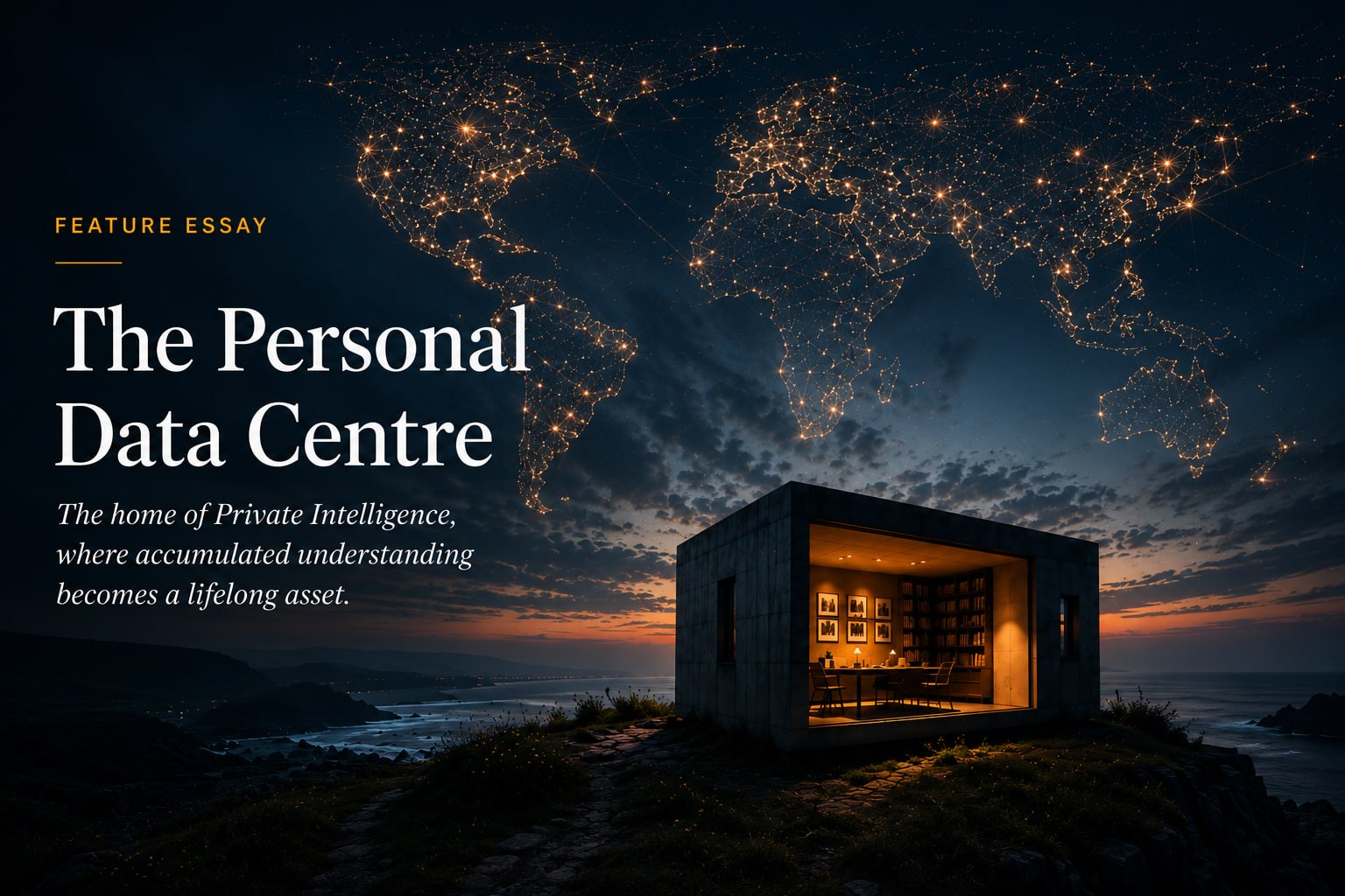 The Personal Data Centre editorial illustration showing a private illuminated home beneath a globally connected intelligence network