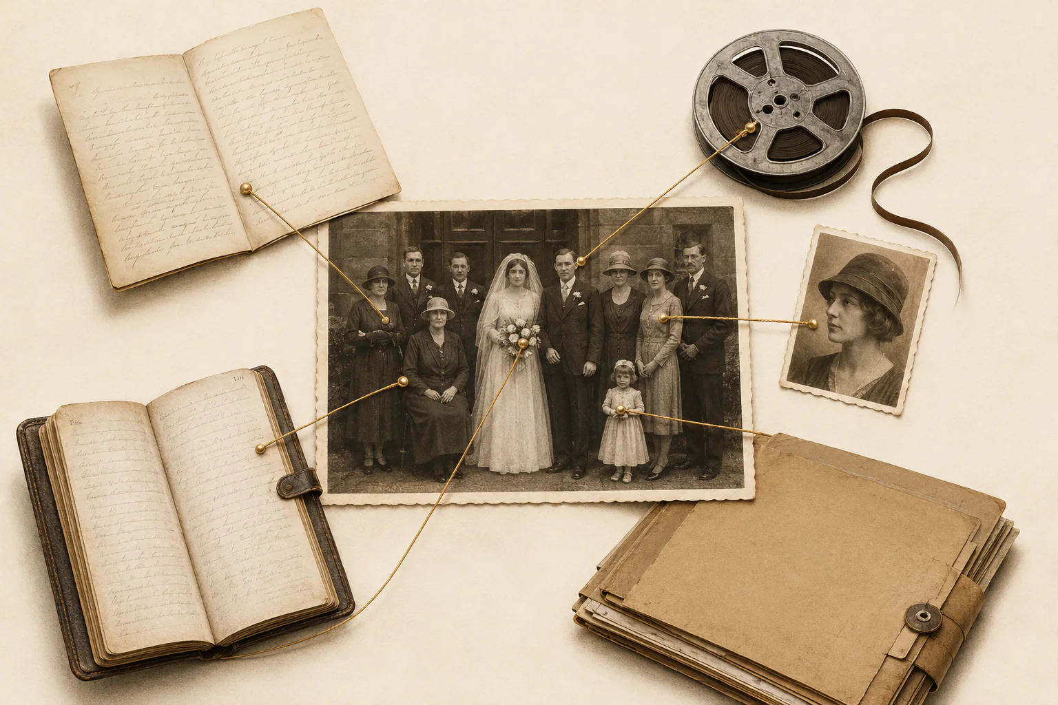 Letters, diaries, records, an eyewitness portrait and an audio reel connected to different details in one wedding photograph