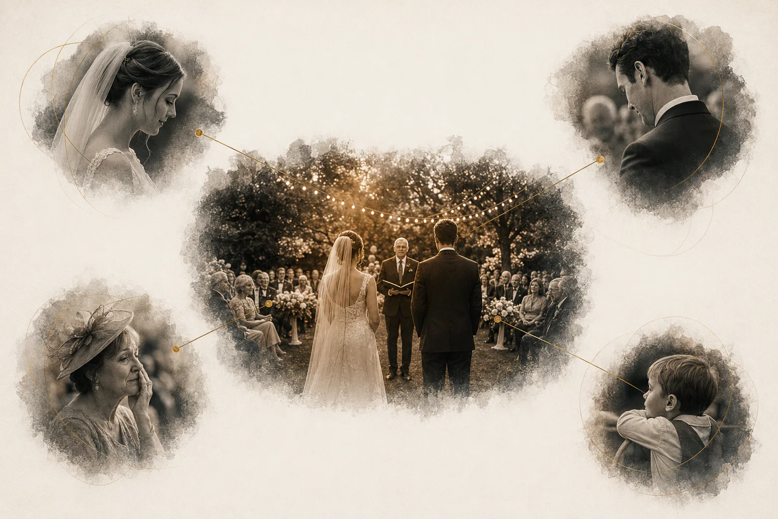 One wedding ceremony connected to the different viewpoints of the bride, groom, parent and child