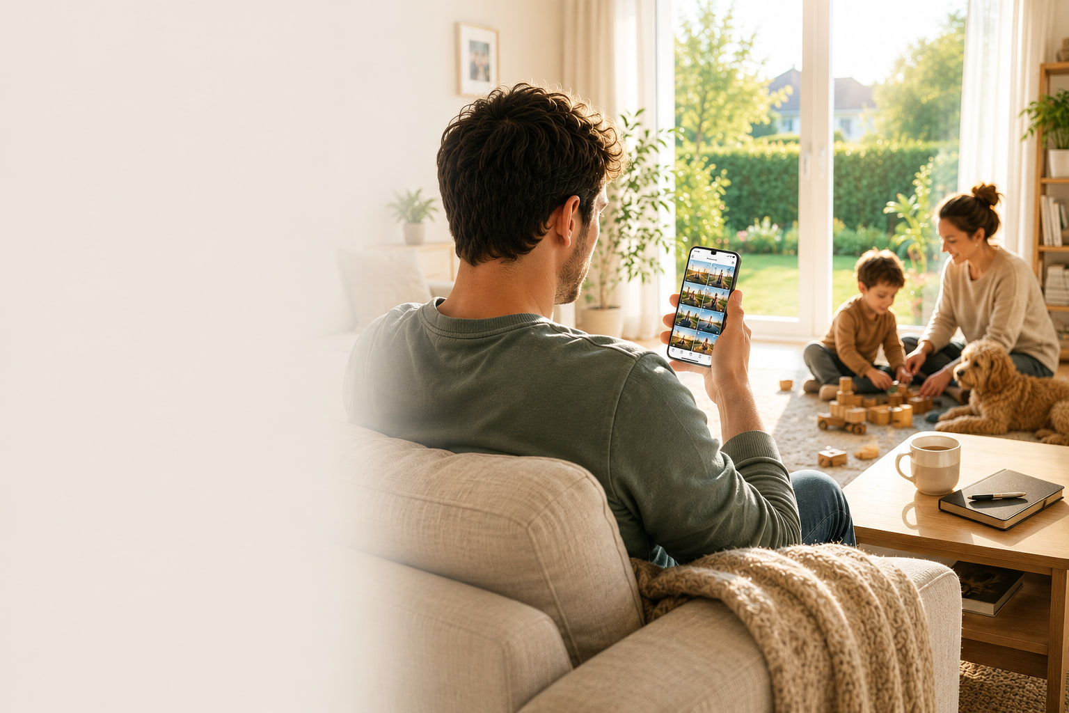 A man looks at social media while his family spends time together nearby