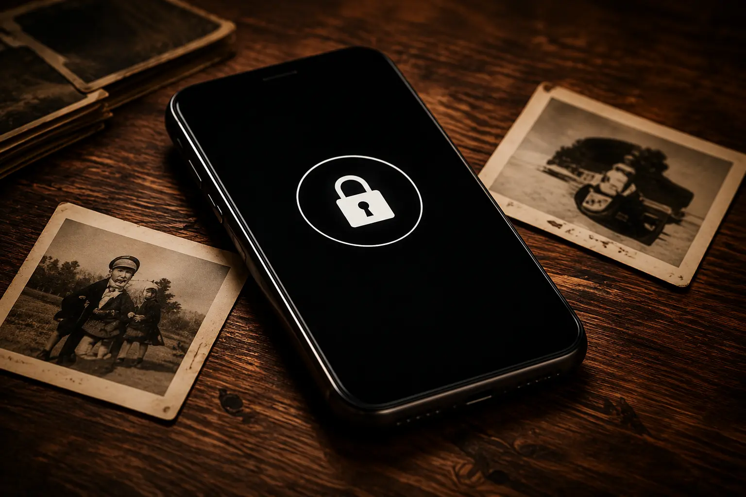 A locked smartphone surrounded by old family photographs on a wooden table