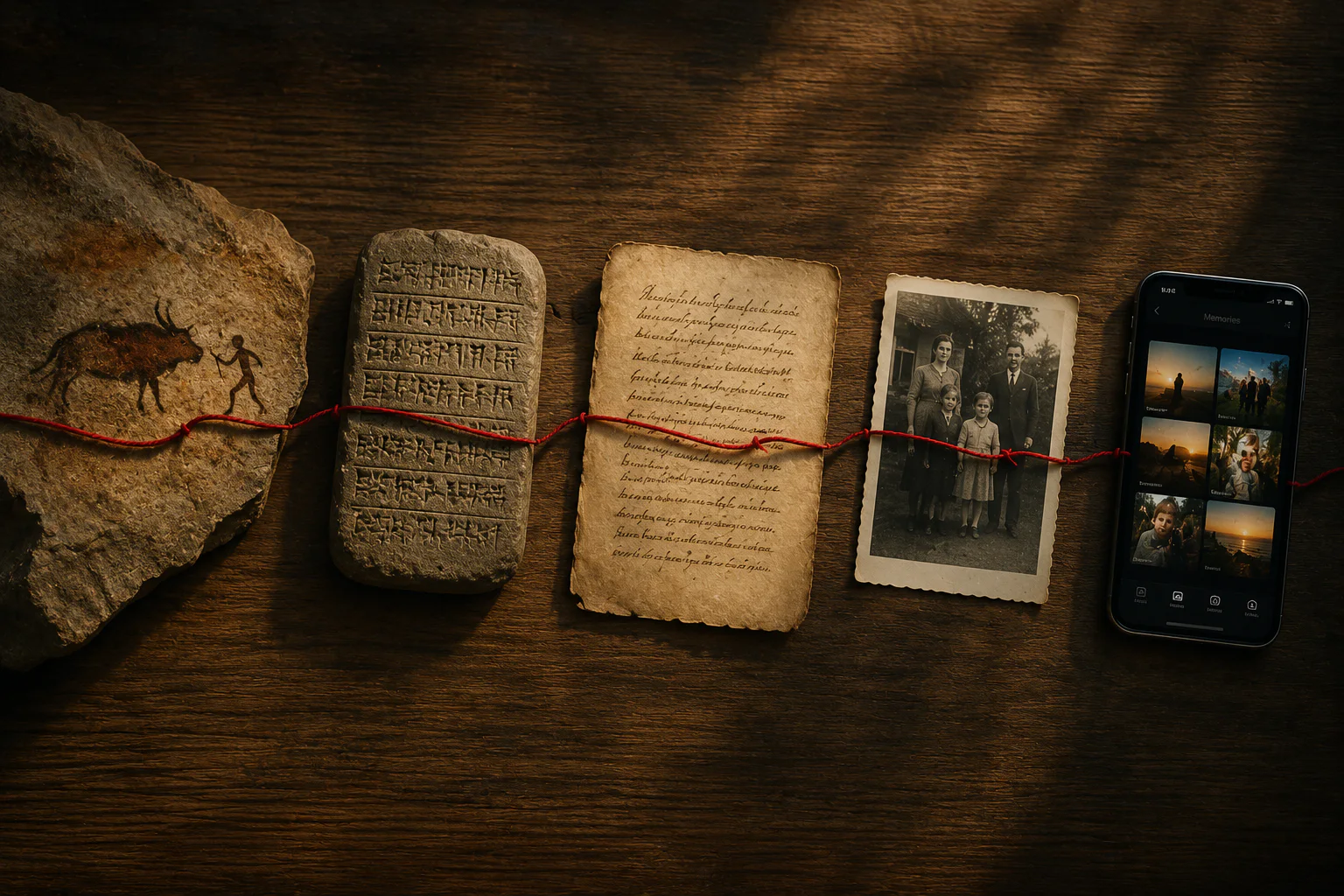 A red thread connecting records of human memory from cave art and stone tablets to handwriting, a family photograph and a smartphone