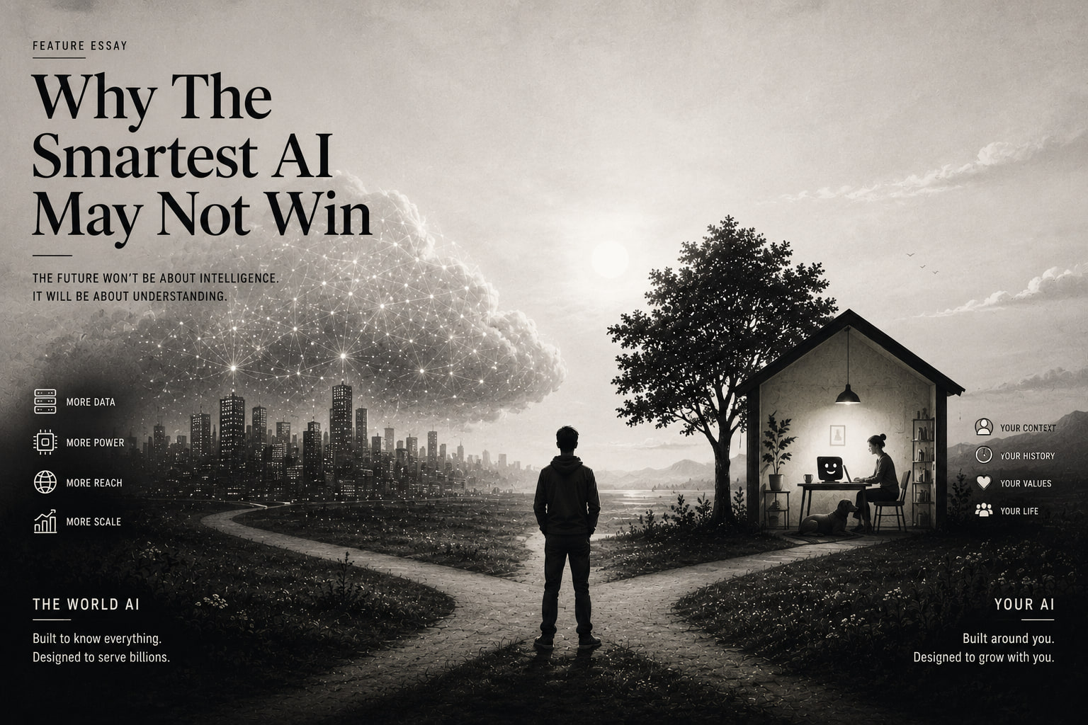 Why The Smartest AI May Not Win editorial illustration contrasting world-scale AI with personal AI