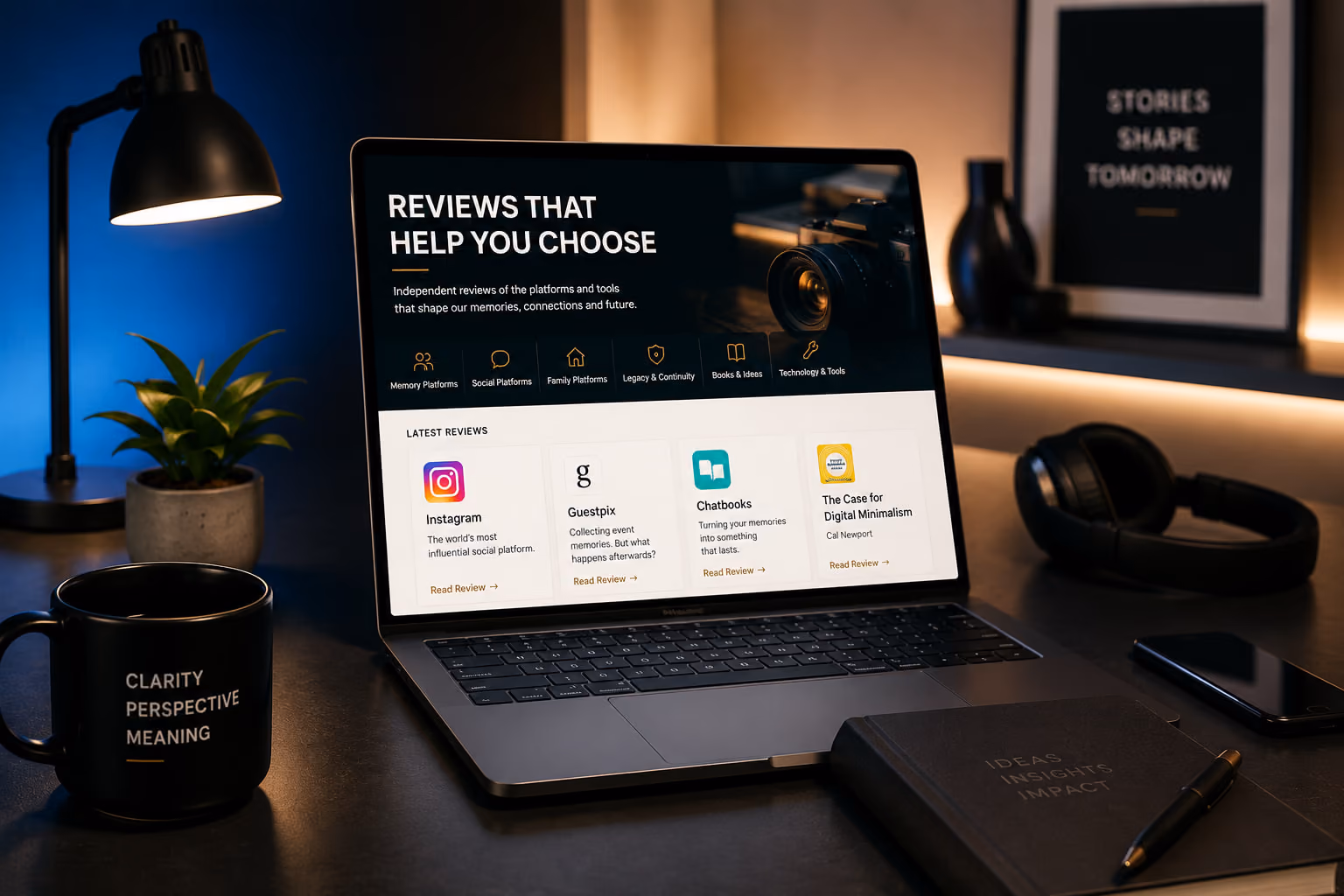 A laptop displaying the Post-Social Reviews section on a warmly lit editorial desk